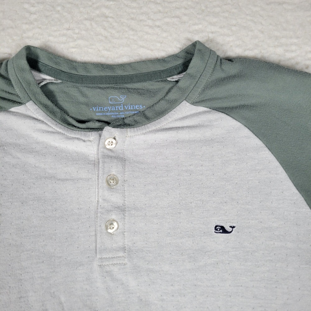 Vineyard Vines Henley Mens Large Gray Green Raglan Long Sleeve Whale Logo Shirt